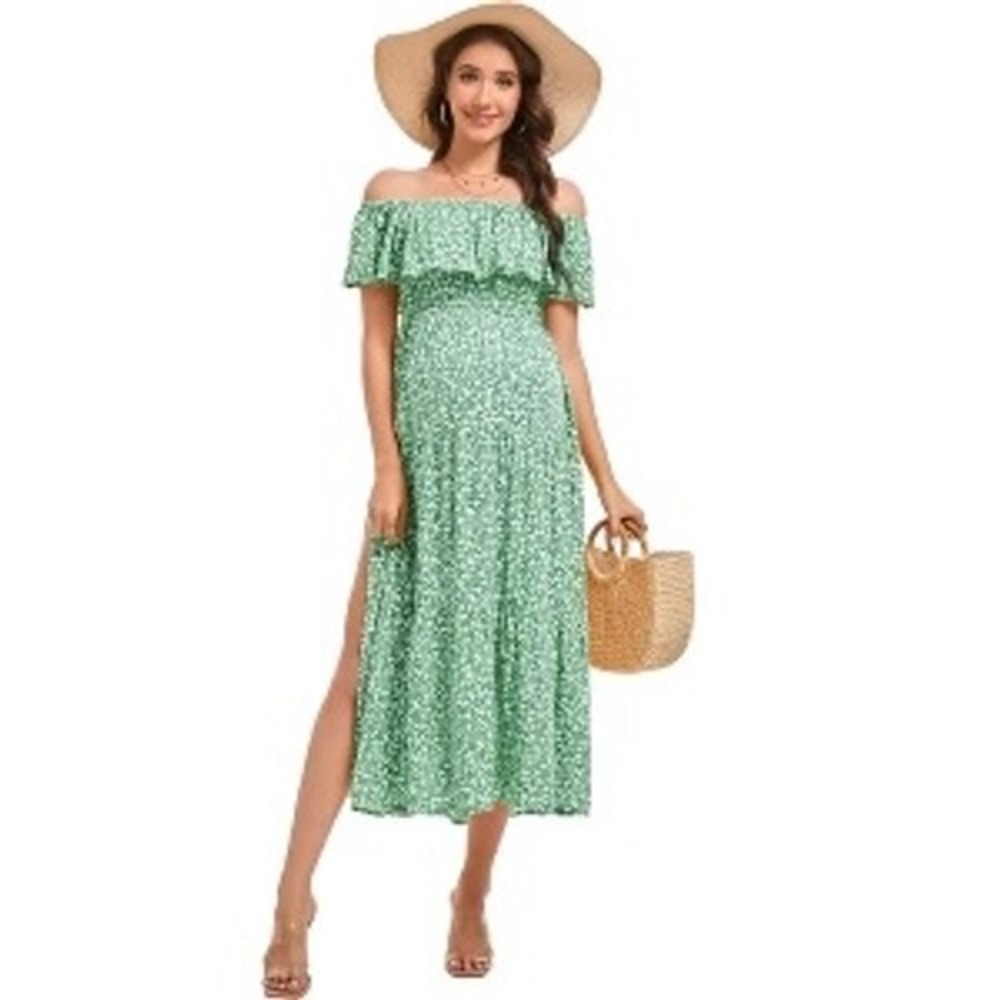 coolme Floral Off Shoulder Maxi Dress Womens S Green Excellent Flutter Sleeve